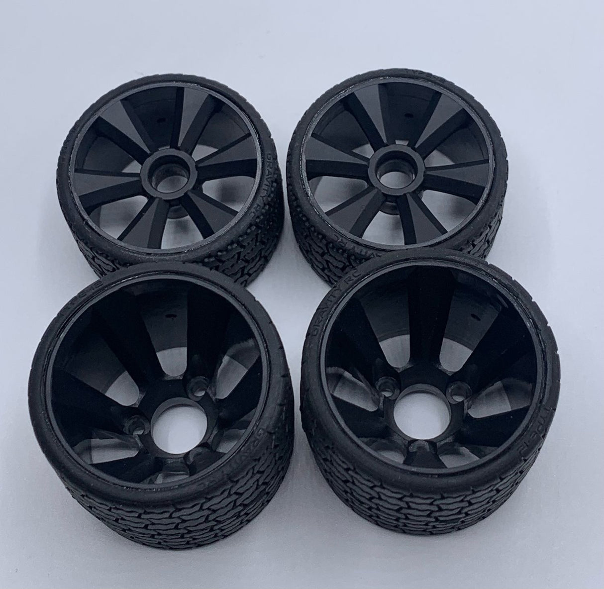 Gravity RC 12th scale rubber tires, black wheel, set of 4, pre glued