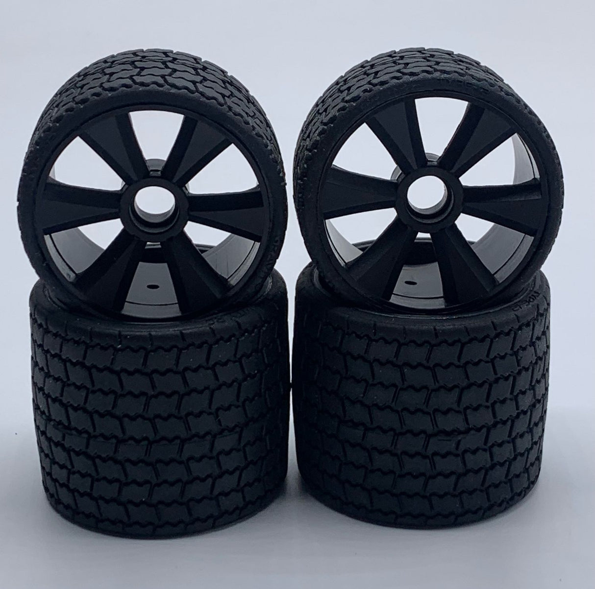 Gravity RC 12th scale rubber tires, black wheel, set of 4, pre glued