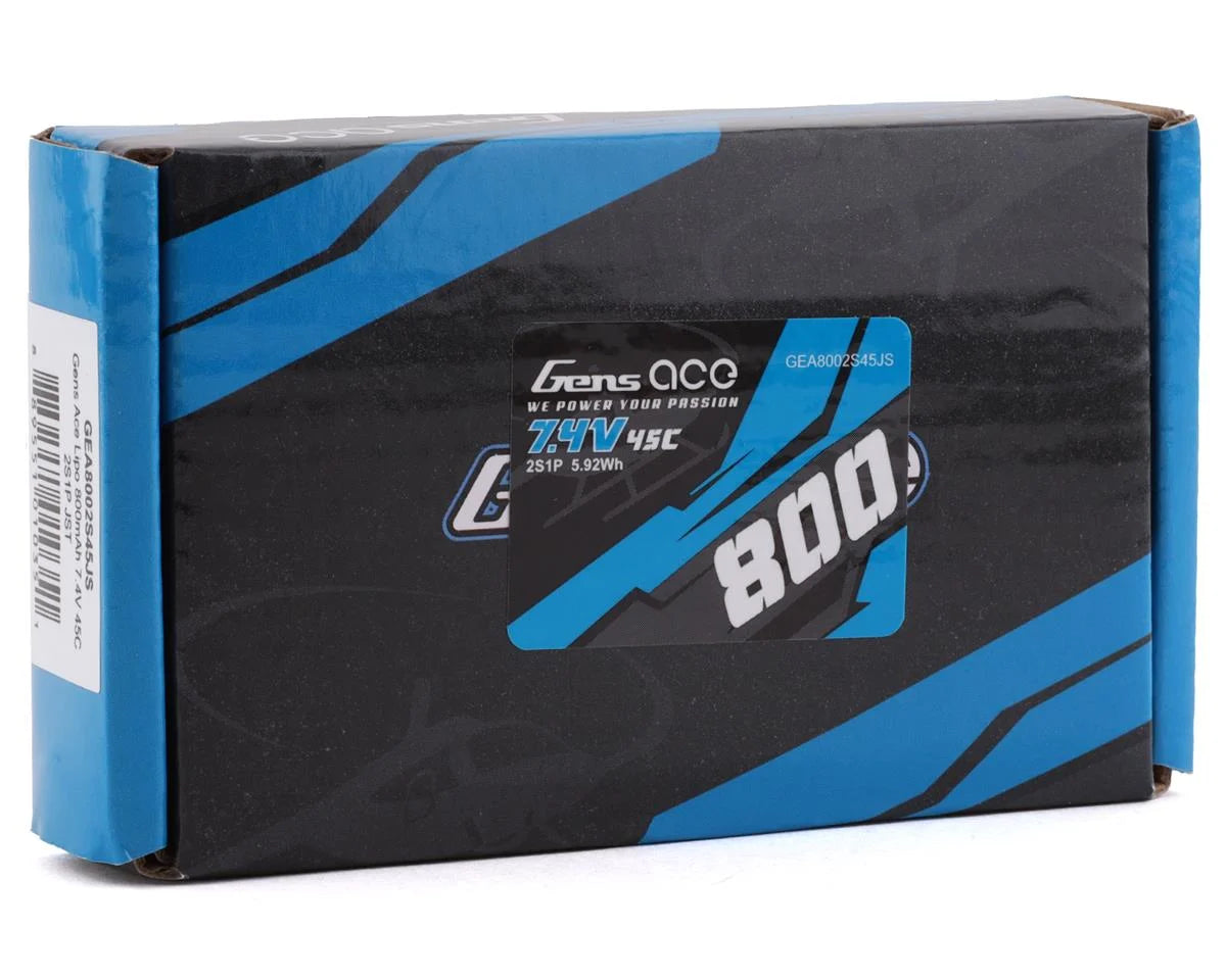 Gens Ace 2s LiPo Battery 45C (7.4V/800mAh) w/JST Connector - Iron City RC Hobbies