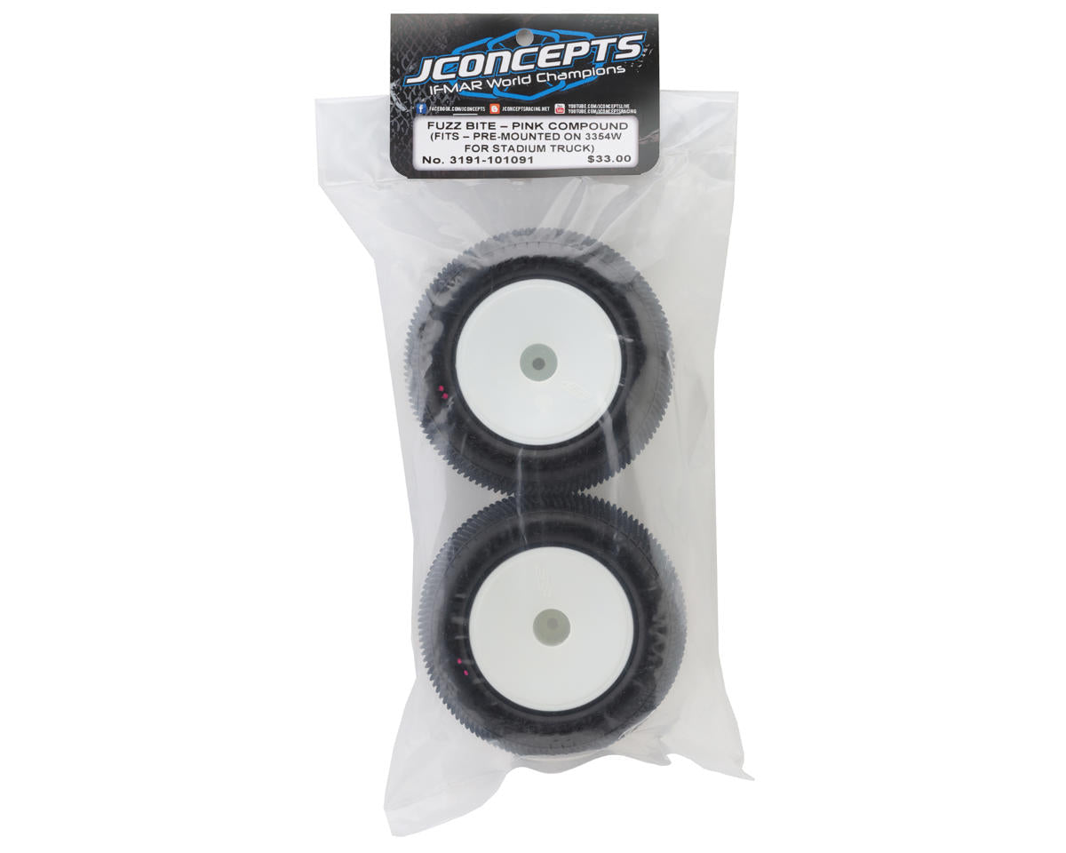 JConcepts Fuzz Bite 2.2" Pre-Mounted Stadium Truck Tires (White) (2) (Pink) w/12mm Hex - Iron City RC Hobbies