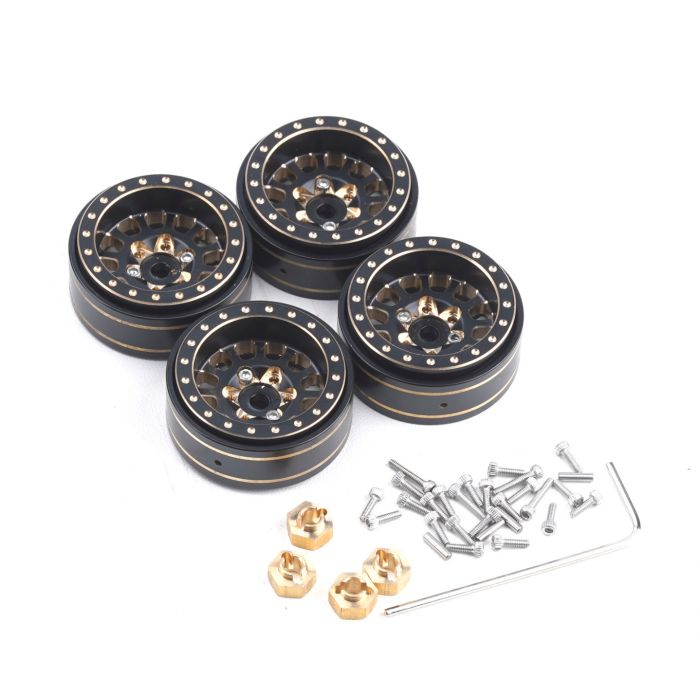 Powerhobby Axial SCX24 1.0" Black / Gold Brass Beadlock Crawler Wheels 1/24 - Iron City RC Hobbies