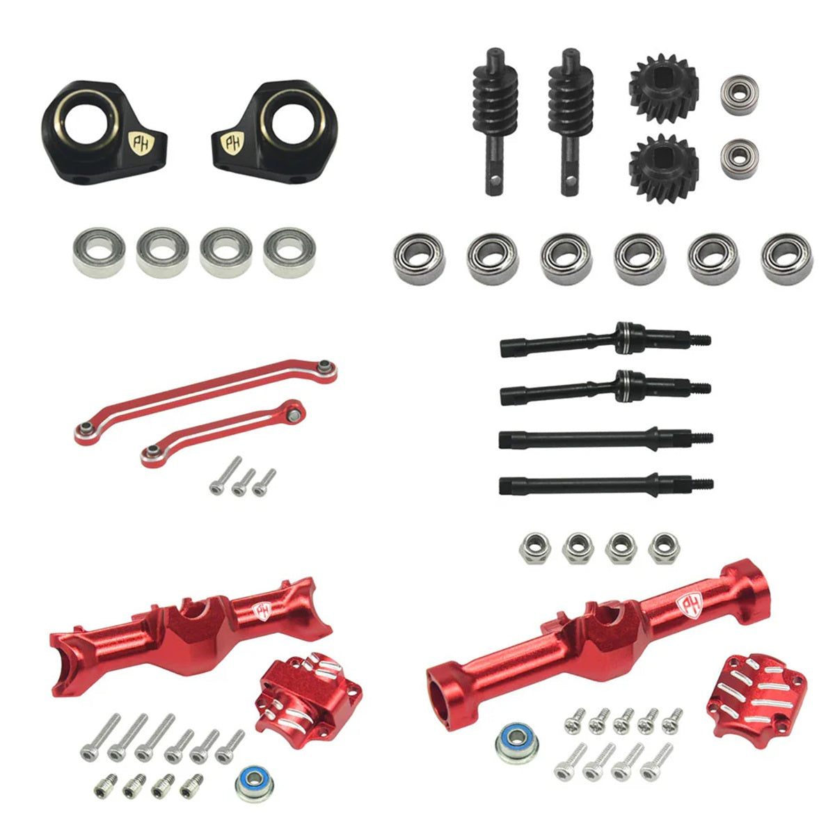 Powerhobby Aluminum Front + Rear Complete Axles w/Brass Upgrades, Red, for Axial SCX30
