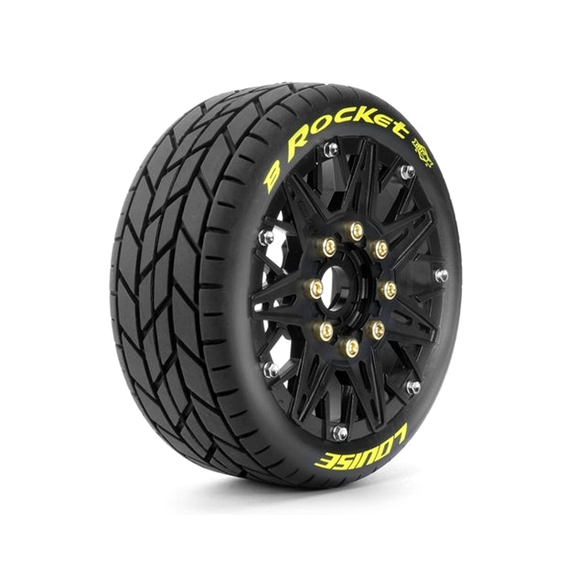Louise MFT B-Rocket Soft 1/8 Buggy Tires, 17mm Hex, 0" & 1/2" Offset, Mounted on Black Rims, (2)