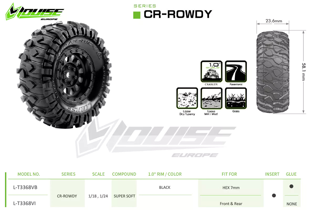 Louise RC - CR-ROWDY - 1-18/1-24 Crawler Tires - Super Soft - for 1.0 Wheels