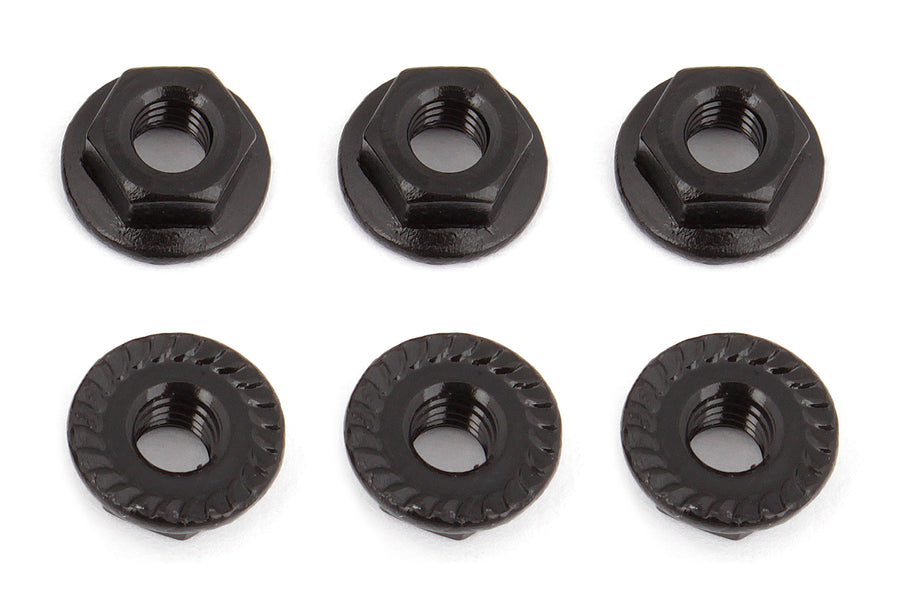 Associated Wheel Nuts, M4, Serrated, flanged, black steel - Iron City RC Hobbies
