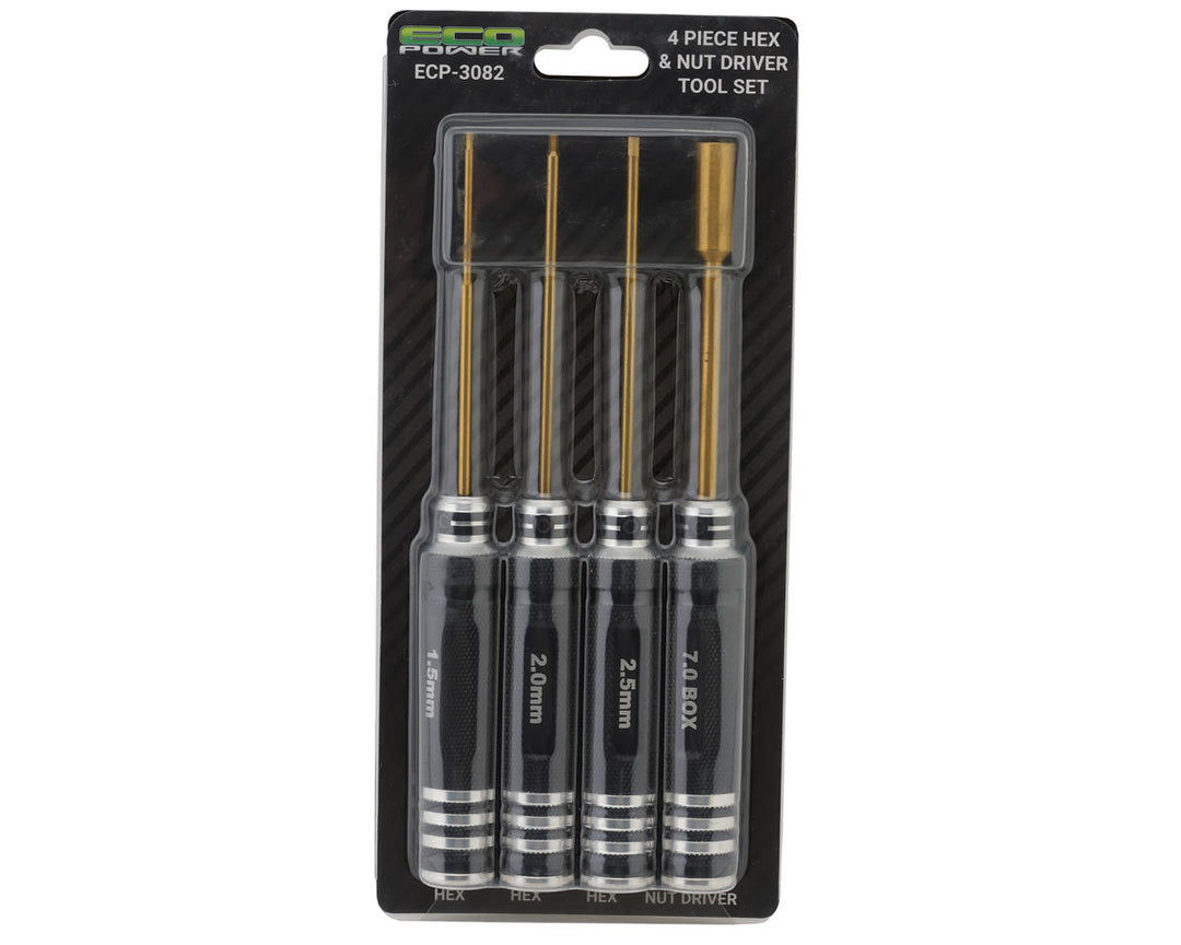 EcoPower 4-Piece Metric Hex & Nut Driver Tool Set (1.5, 2.0, 2.5mm Hex Drivers/7mm Nut Driver) - Iron City RC Hobbies