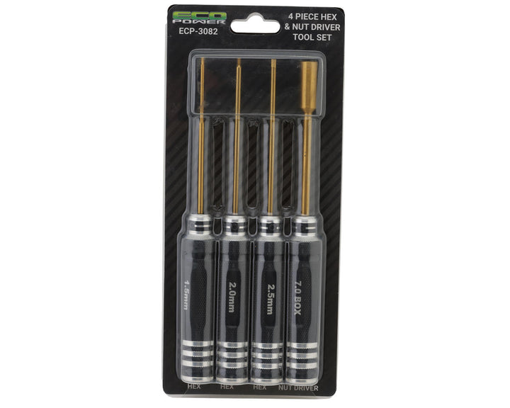 EcoPower 4-Piece Metric Hex & Nut Driver Tool Set (1.5, 2.0, 2.5mm Hex Drivers/7mm Nut Driver) - Iron City RC Hobbies