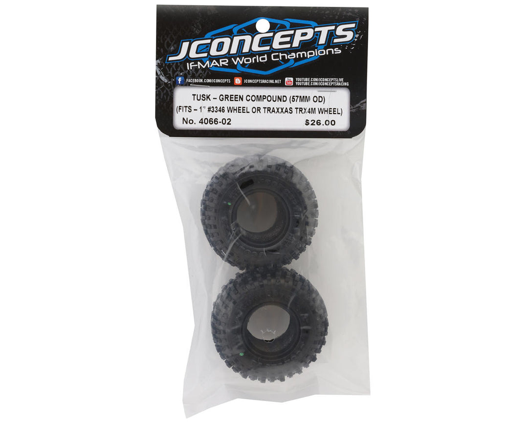 Jconcepts 1/18 Tusk 1.0" TRX-4M Crawler Tires and Inserts, Green Compound (2) - Iron City RC Hobbies