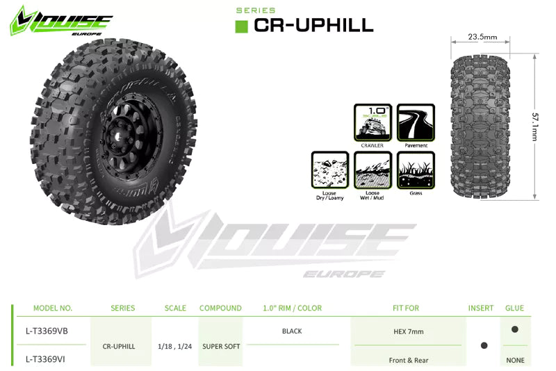 Louise RC - CR-UPHILL - 1-18/1-24 Crawler Tire Set - Mounted - Super Soft - Black 1.0 Wheels - Hex 7mm - Iron City RC Hobbies