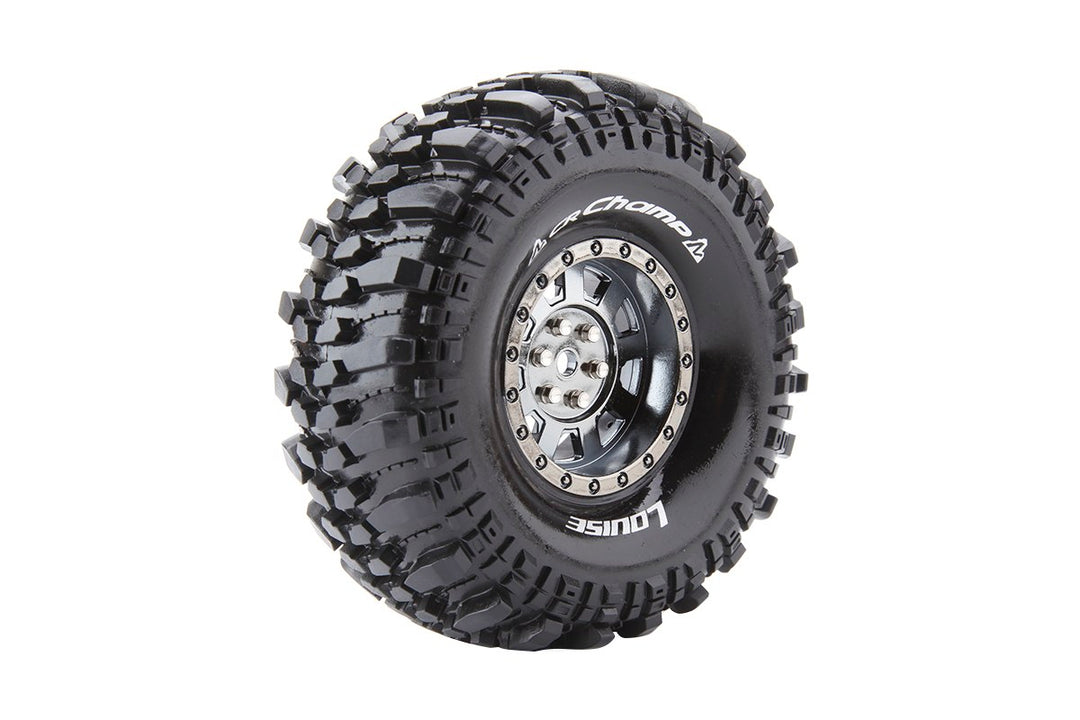 CR-Champ 1/10 1.9" Crawler Tires, 12mm Hex, Super Soft, Mounted on Black Chrome Rim, Front/Rear (2) - Iron City RC Hobbies