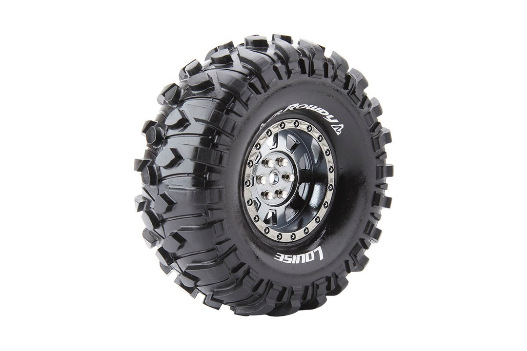 CR-Rowdy 1/10 1.9" Crawler Tires, 12mm Hex, Super Soft, Mounted on Black Chrome Rim, Front/Rear (2) - Iron City RC Hobbies