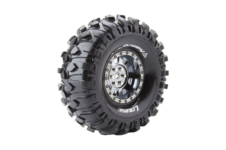 CR-Rowdy 1/10 1.9" Crawler Tires, 12mm Hex, Super Soft, Mounted on Black Chrome Rim, Front/Rear (2) - Iron City RC Hobbies