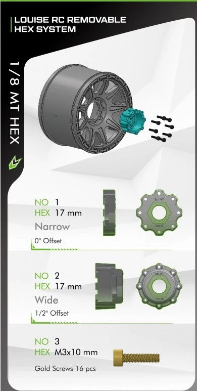 Louise R/C MT-Cyclone Sport 1/8 3.8" Monster Truck MFT Belted Tires, 17mm Hex (0" & 1/2" Offset)