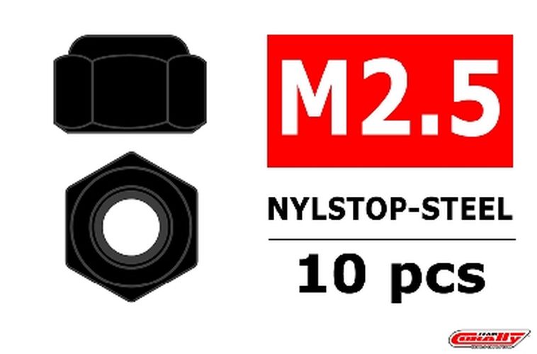Corally Steel Nylstop Nut M2.5, Black Coated, 10pcs