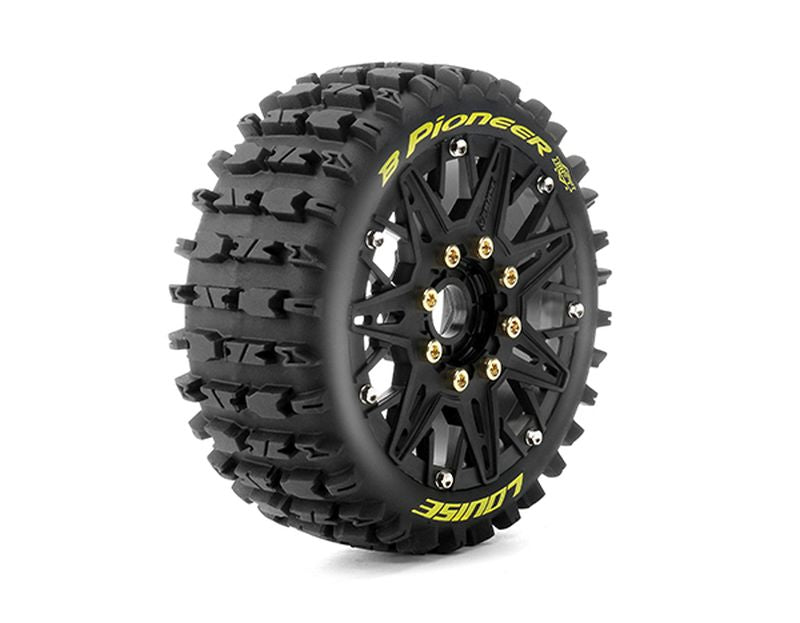 Louise MFT B-Pioneer Soft 1/8 Buggy Tires, 17mm Hex, 0" & 1/2" Offset, Mounted on Black Rims, (2)
