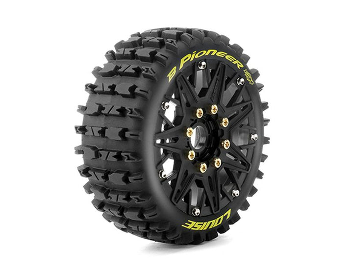 Louise MFT B-Pioneer Soft 1/8 Buggy Tires, 17mm Hex, 0" & 1/2" Offset, Mounted on Black Rims, (2)