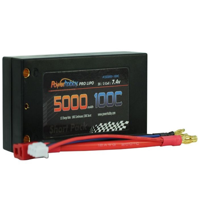 PowerHobby 2S 7.4V 5000MAH 100C Shorty Lipo Battery, w/ 4mm Bullet Connectors