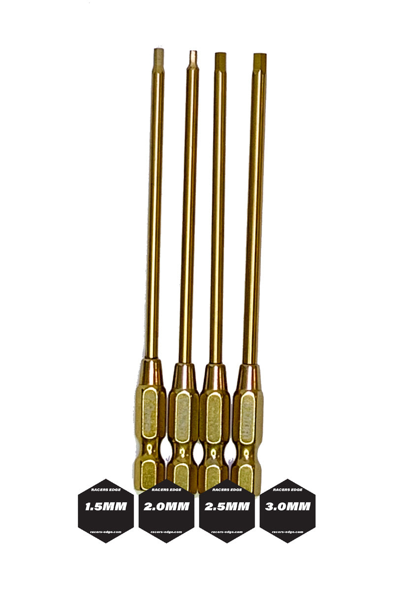 Racers Edge Metric TiN Coated Hex Bit Set with 1.5mm, 2.0mm, 2.5mm, and 3.0mm