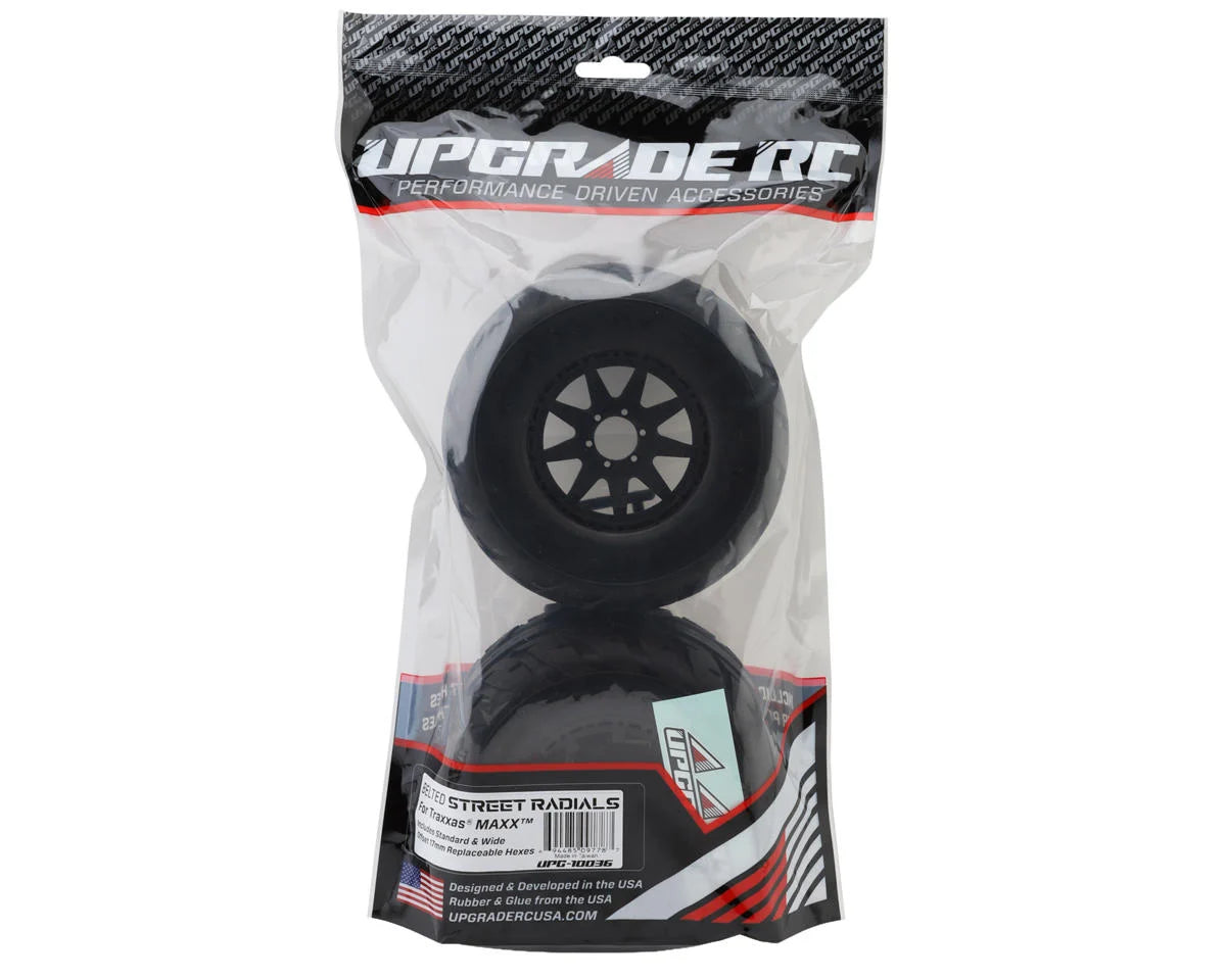 UpGrade RC Belted Street Radials 2.9" Pre-Mounted Tires for Traxxas MAXX (2) (Regular & Wide Offset Hexes Included)